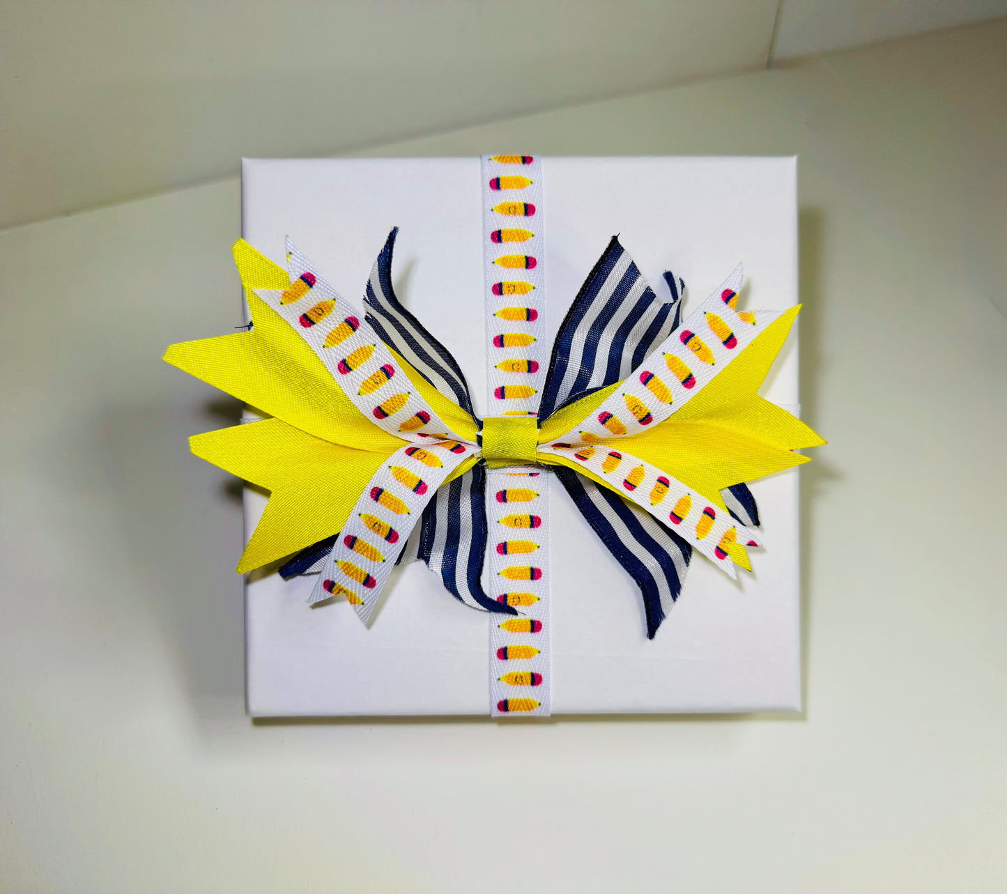 Gift Bow - Layered Navy Yellow and Pencil Ribbon