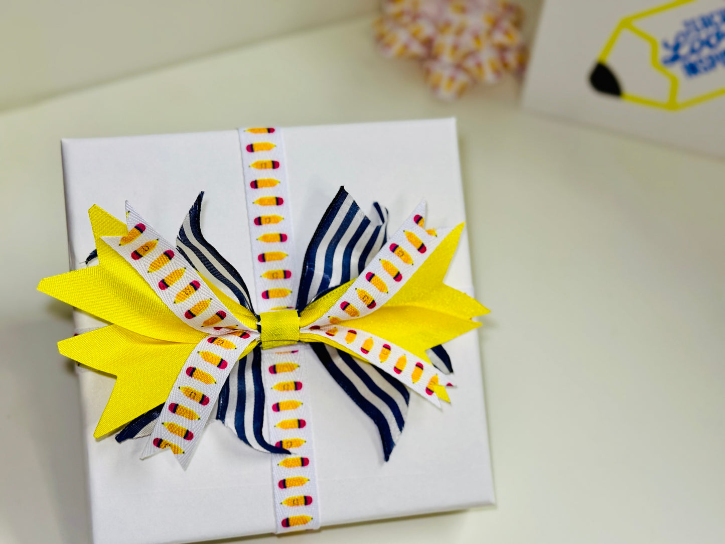 Gift Bow - Layered Navy Yellow and Pencil Ribbon
