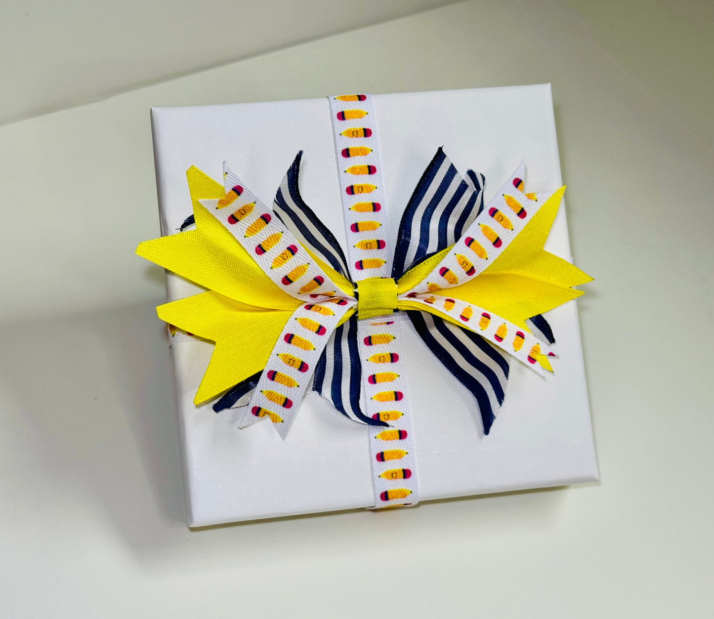 Gift Bow - Layered Navy Yellow and Pencil Ribbon