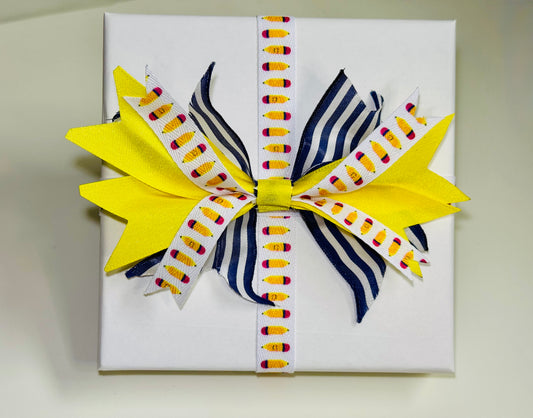 Gift Bow - Layered Navy Yellow and Pencil Ribbon
