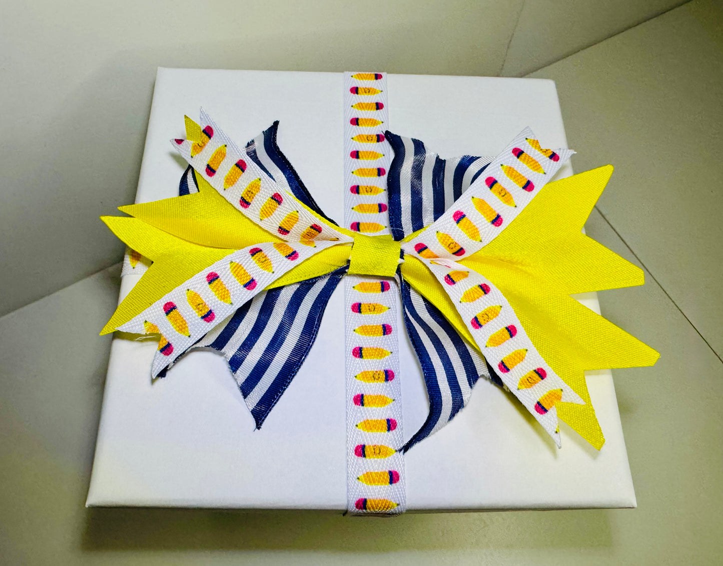 Gift Bow - Layered Navy Yellow and Pencil Ribbon