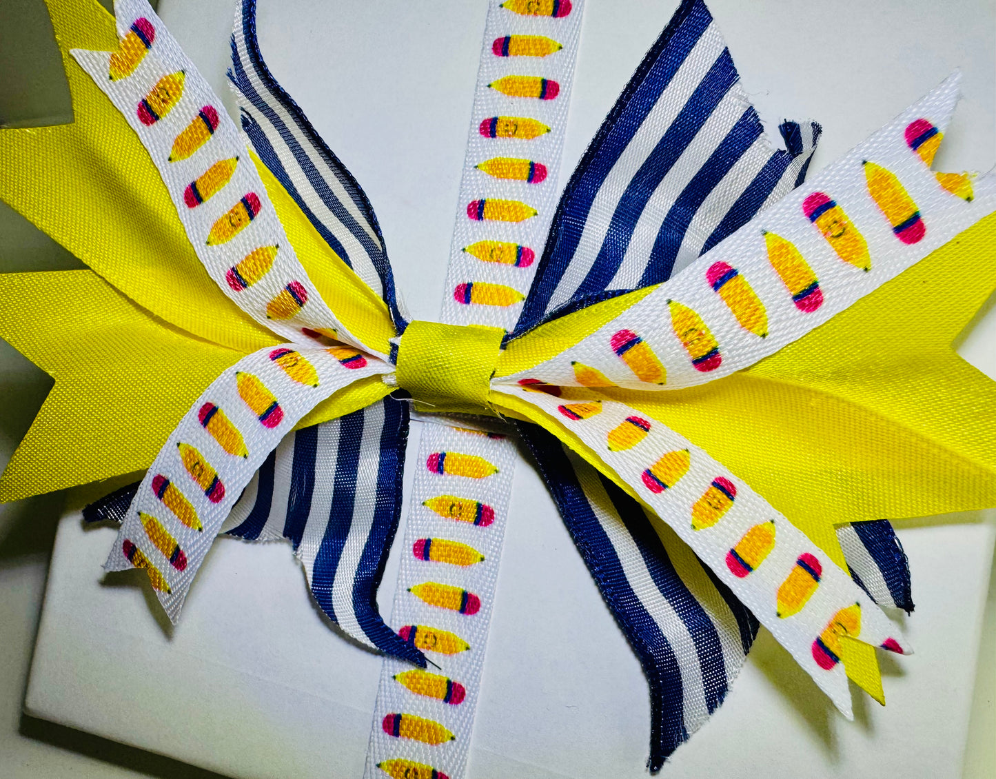 Gift Bow - Layered Navy Yellow and Pencil Ribbon