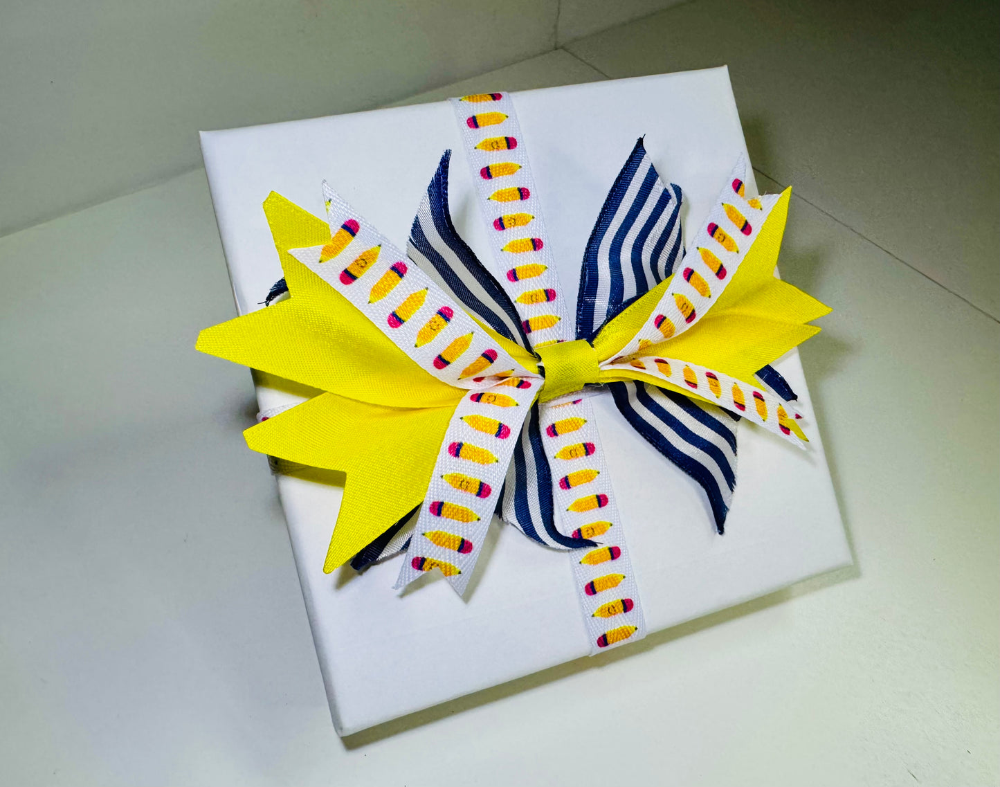 Gift Bow - Layered Navy Yellow and Pencil Ribbon